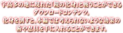 宇高多の地に現れた「鏡の化身」と戦うことができるダウンロードコンテンツ。化身を倒すと、本編では考えられないような効果の術や忍具を手に入れることができます。